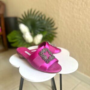 Manolo Blahnik Lurum Slide Sandals in Fuchsia Satin Size 38